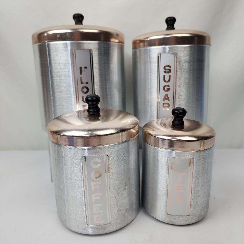 4 Maid of Honor Spun Aluminum Nesting Canister Set Copper Lids / Wood Knob MCM